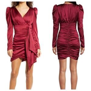 Lavish Alice Mini Dress Burgundy Red Satin Long Sleeve Wrap